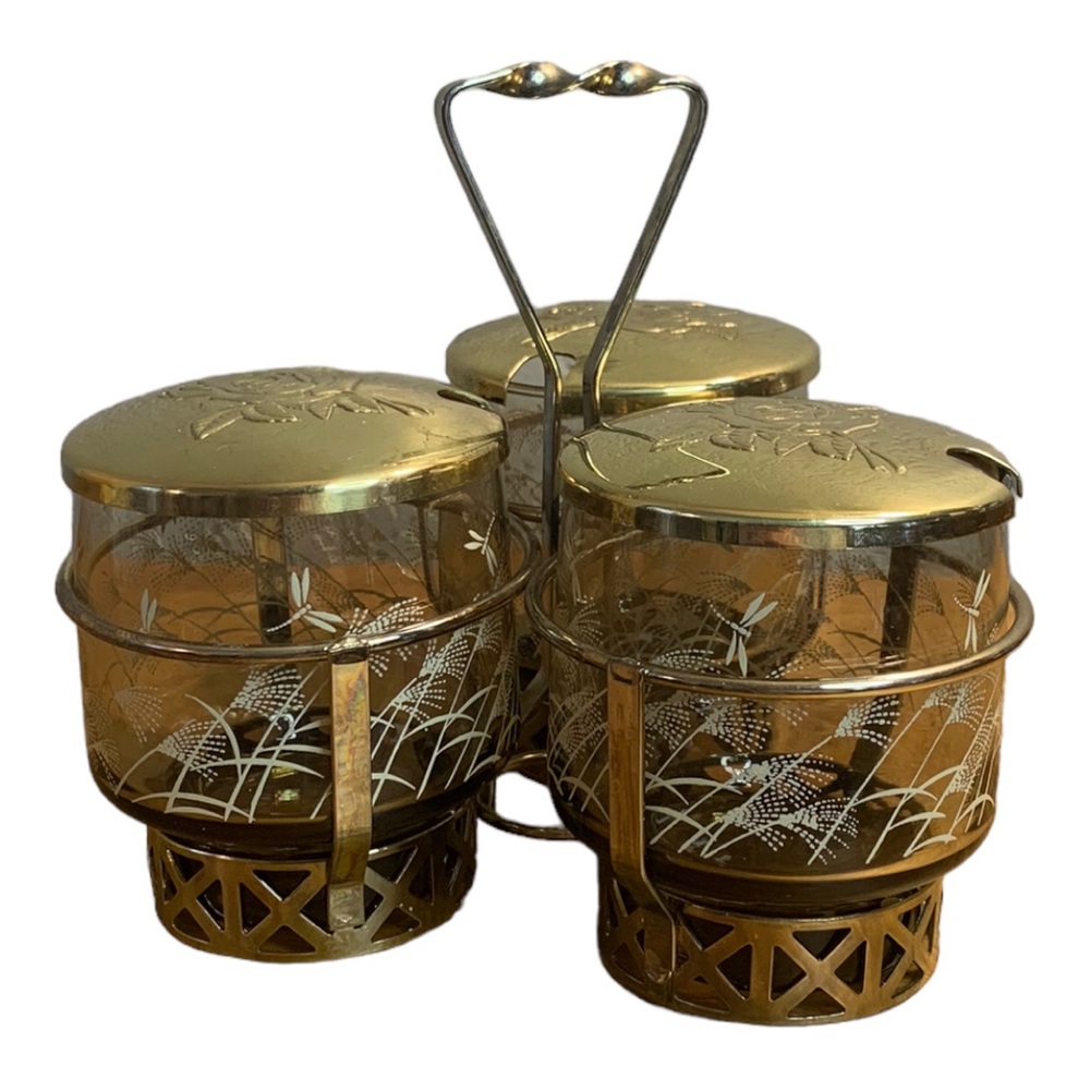 Libby Glass Condiment Set-Gold MCM Jam Jars W/Stand, Vintage Kitchen Servingware